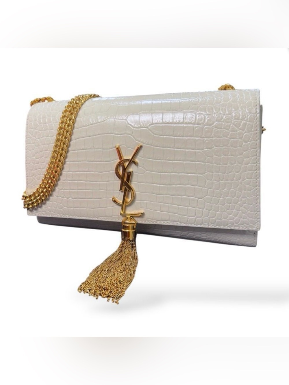 Saint Laurent Kate Tassel Medium Croc Embossed Leather Chain Shoulder Bag Cream